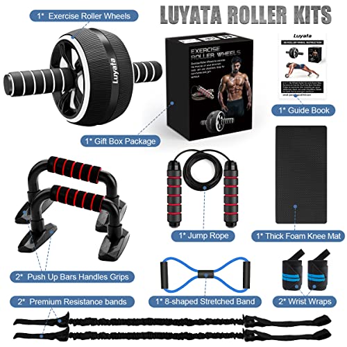 Ab Roller Wheel, 10-In-1 Ab Exercise Wheels Kit with Resistance Bands, Knee Mat, Jump Rope, Push-Up Bar - Home Gym Equipment