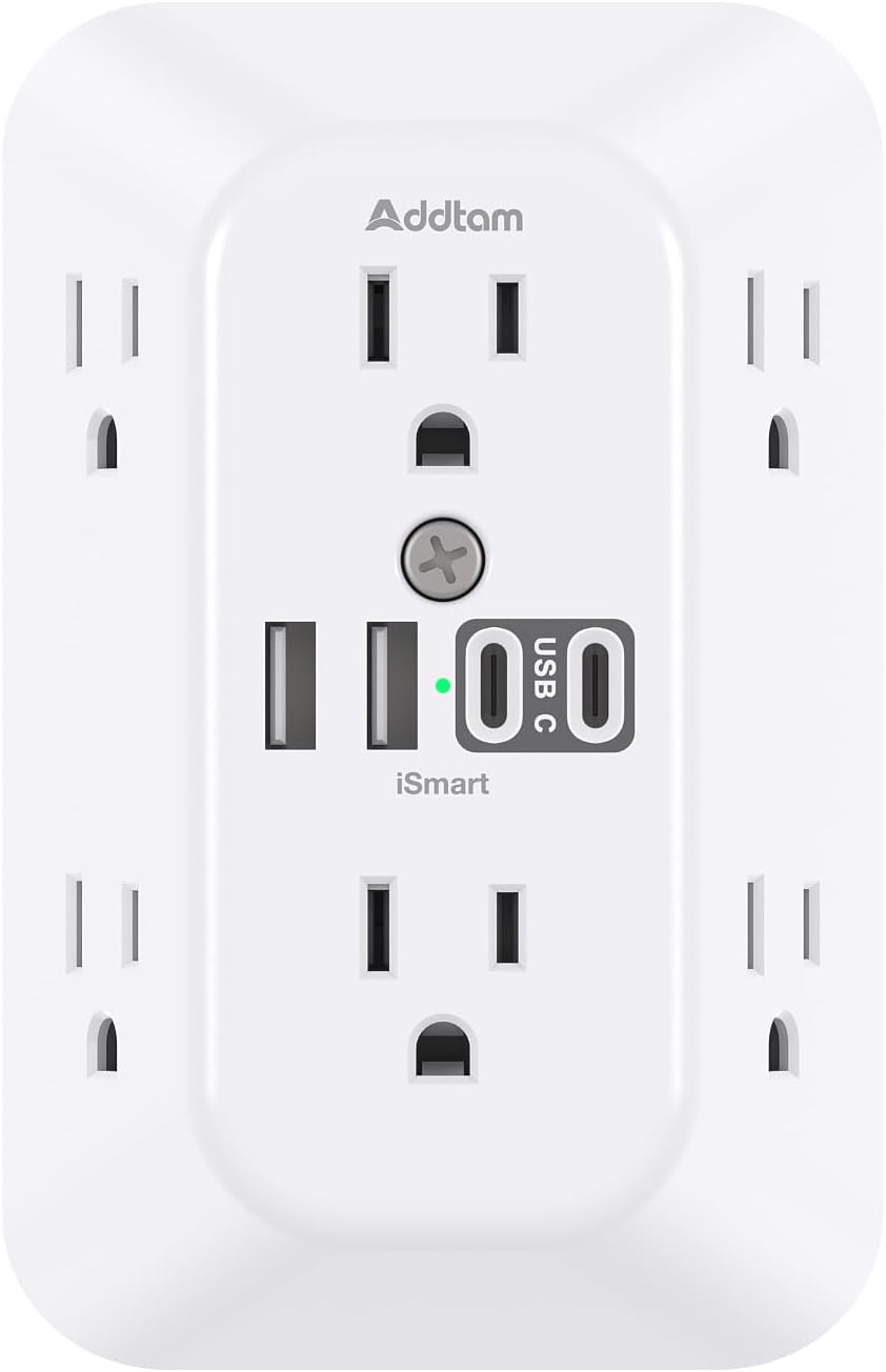 Addtam Surge Protector Outlet Extender, 6-Outlet Splitter with 4 USB Wall Charger(2 USB-C Ports), Multi Plug Wall Outlet 1800J Power Strip