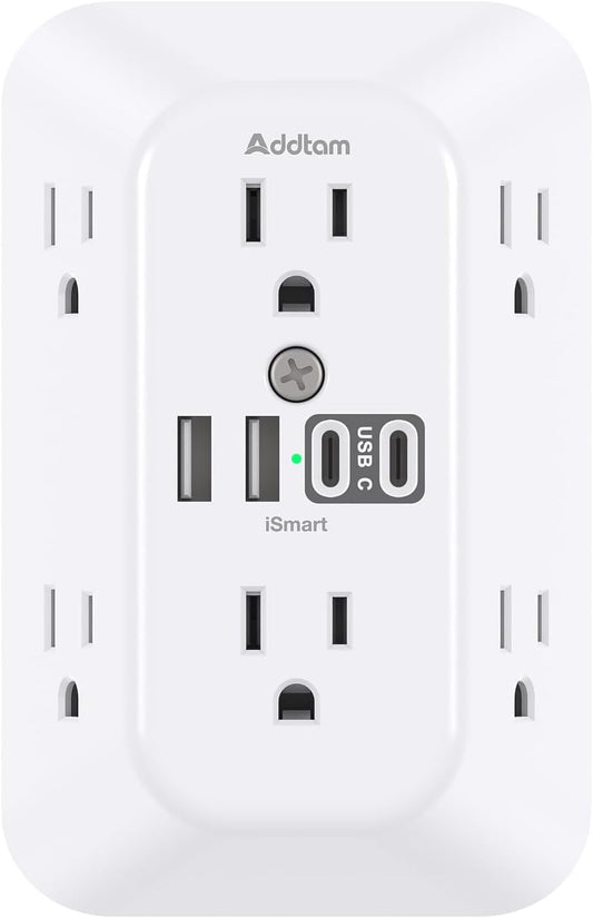 Addtam Surge Protector Outlet Extender, 6-Outlet Splitter with 4 USB Wall Charger(2 USB-C Ports), Multi Plug Wall Outlet 1800J Power Strip