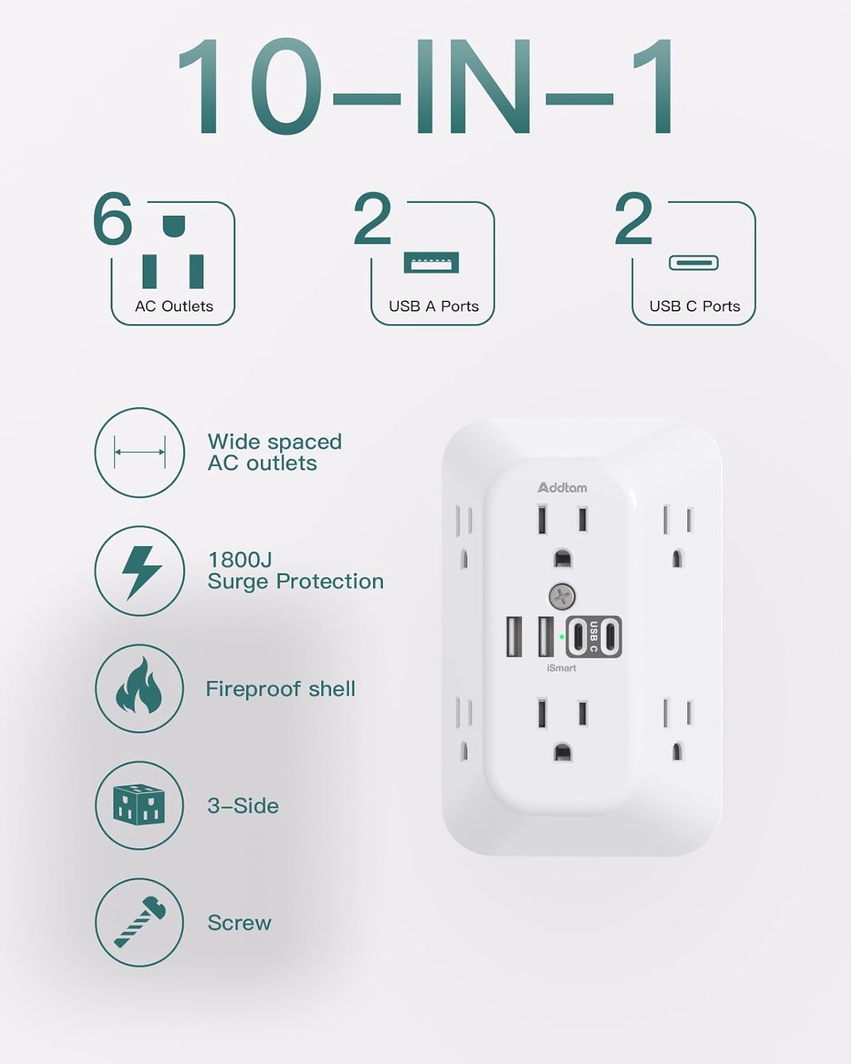 Addtam Surge Protector Outlet Extender, 6-Outlet Splitter with 4 USB Wall Charger(2 USB-C Ports), Multi Plug Wall Outlet 1800J Power Strip