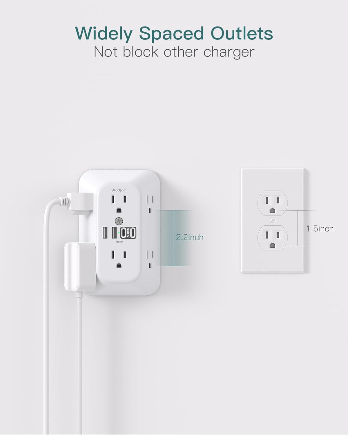 Addtam Surge Protector Outlet Extender, 6-Outlet Splitter with 4 USB Wall Charger(2 USB-C Ports), Multi Plug Wall Outlet 1800J Power Strip