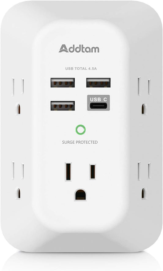 Addtam USB Wall Charger Surge Protector 5 Outlet Extender with 4 USB Charging Ports (1 USB C Outlet) 3 Sided 1800J Power Strip Multi Plug Outlets Wall