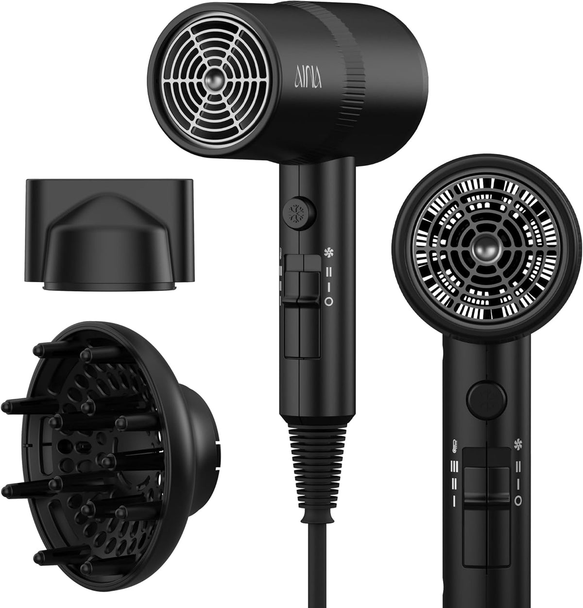 AINA Hair Dryer with Diffuser, Blow Dryer for Women - Advanced Ionic Technology, Ceramic Coating - Cold Shot Features Turbo Heat (Vader Black)