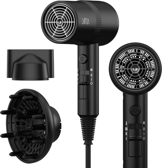 AINA Hair Dryer with Diffuser, Blow Dryer for Women - Advanced Ionic Technology, Ceramic Coating - Cold Shot Features Turbo Heat (Vader Black)