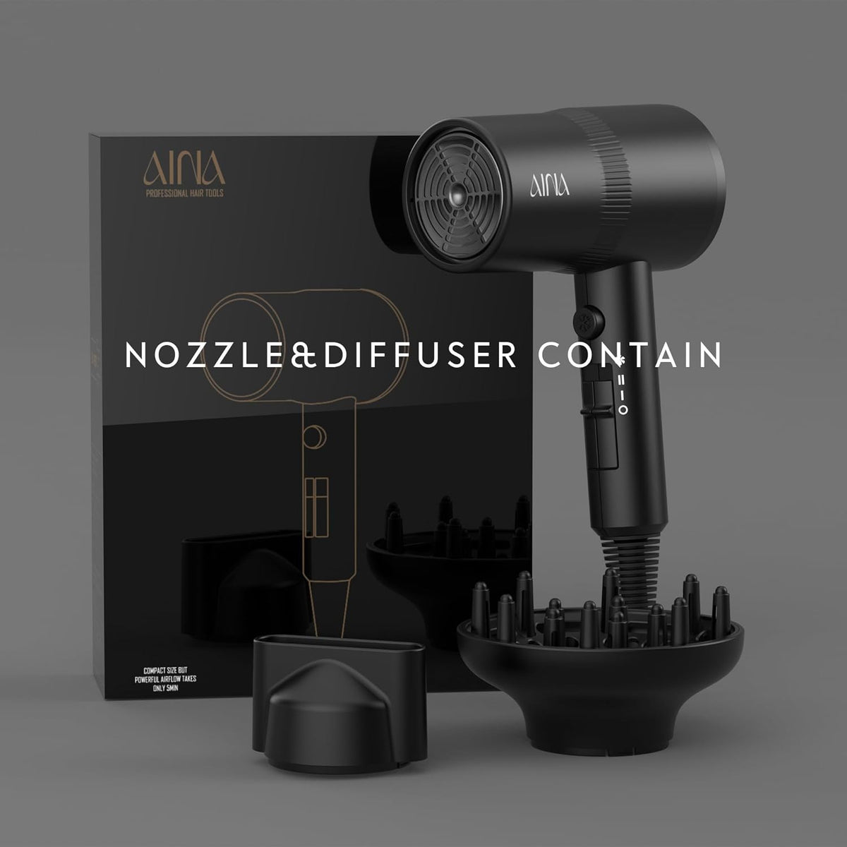 AINA Hair Dryer with Diffuser, Blow Dryer for Women - Advanced Ionic Technology, Ceramic Coating - Cold Shot Features Turbo Heat (Vader Black)