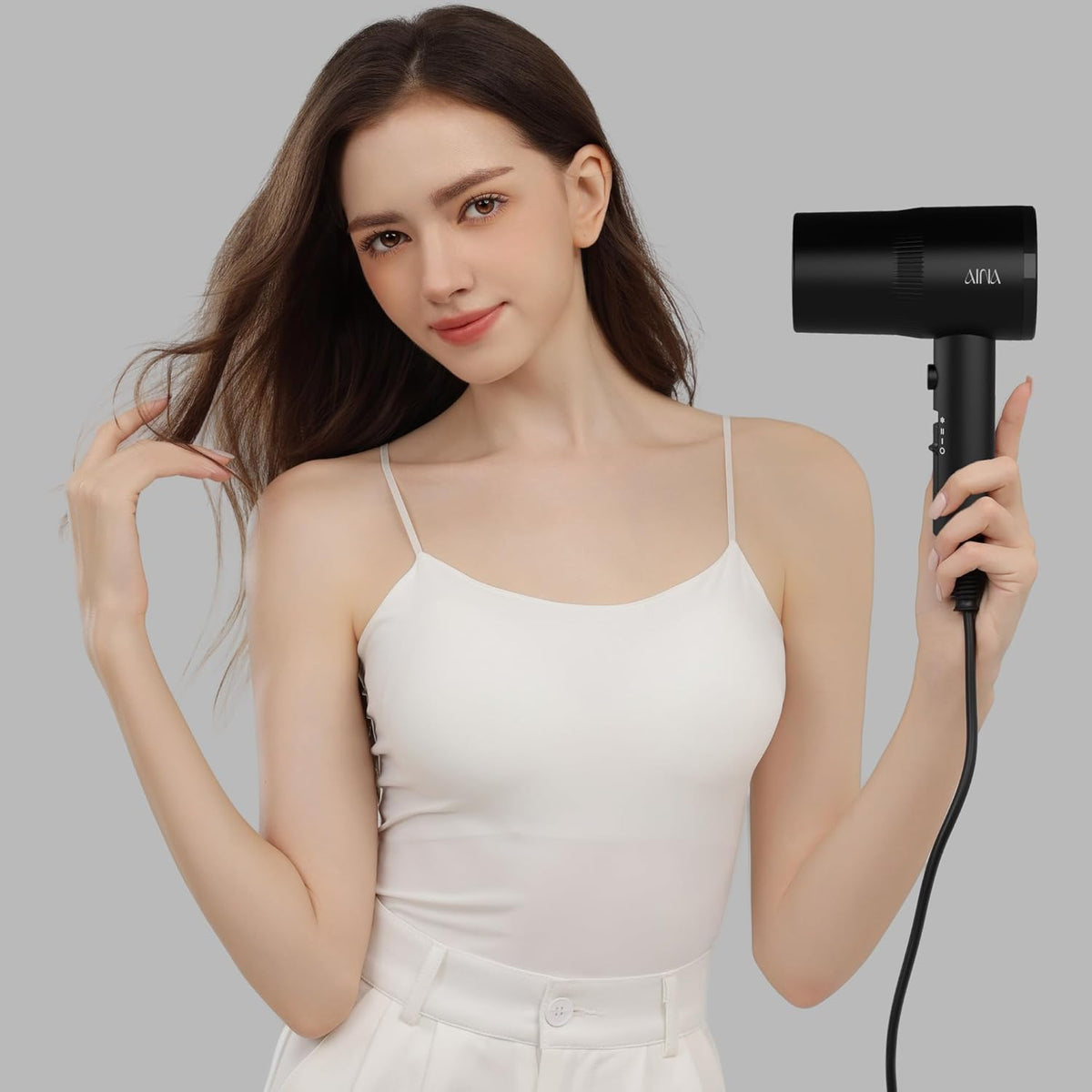 AINA Hair Dryer with Diffuser, Blow Dryer for Women - Advanced Ionic Technology, Ceramic Coating - Cold Shot Features Turbo Heat (Vader Black)