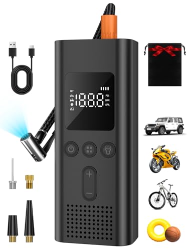 AIRSURE Tire Inflator Portable Air Compressor, 150 PSI Fast Inflation Cordless Air Pump with LED Light, Auto Shut-Off, Rechargeable Battery for Car