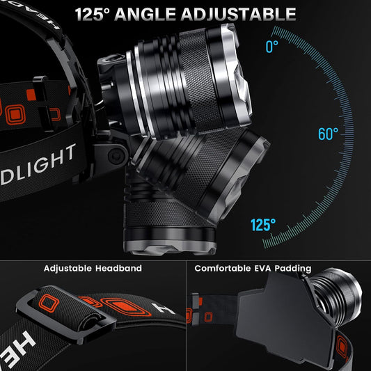 AKNEAR LED Rechargeable Headlamp 99000 High Lumens, 95 Hours Endurance Head Lamp with Zoomable & 12 Modes & IPX7 Waterproof & 125° Adjustable