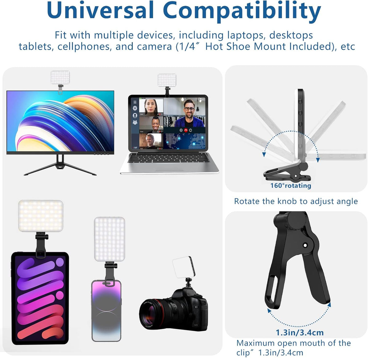 ALTSON 60 LED Portable Selfie Light Video Conference Lighting with Clip & Camera Tripod Adapter Rechargeable 2200mAh CRI 97