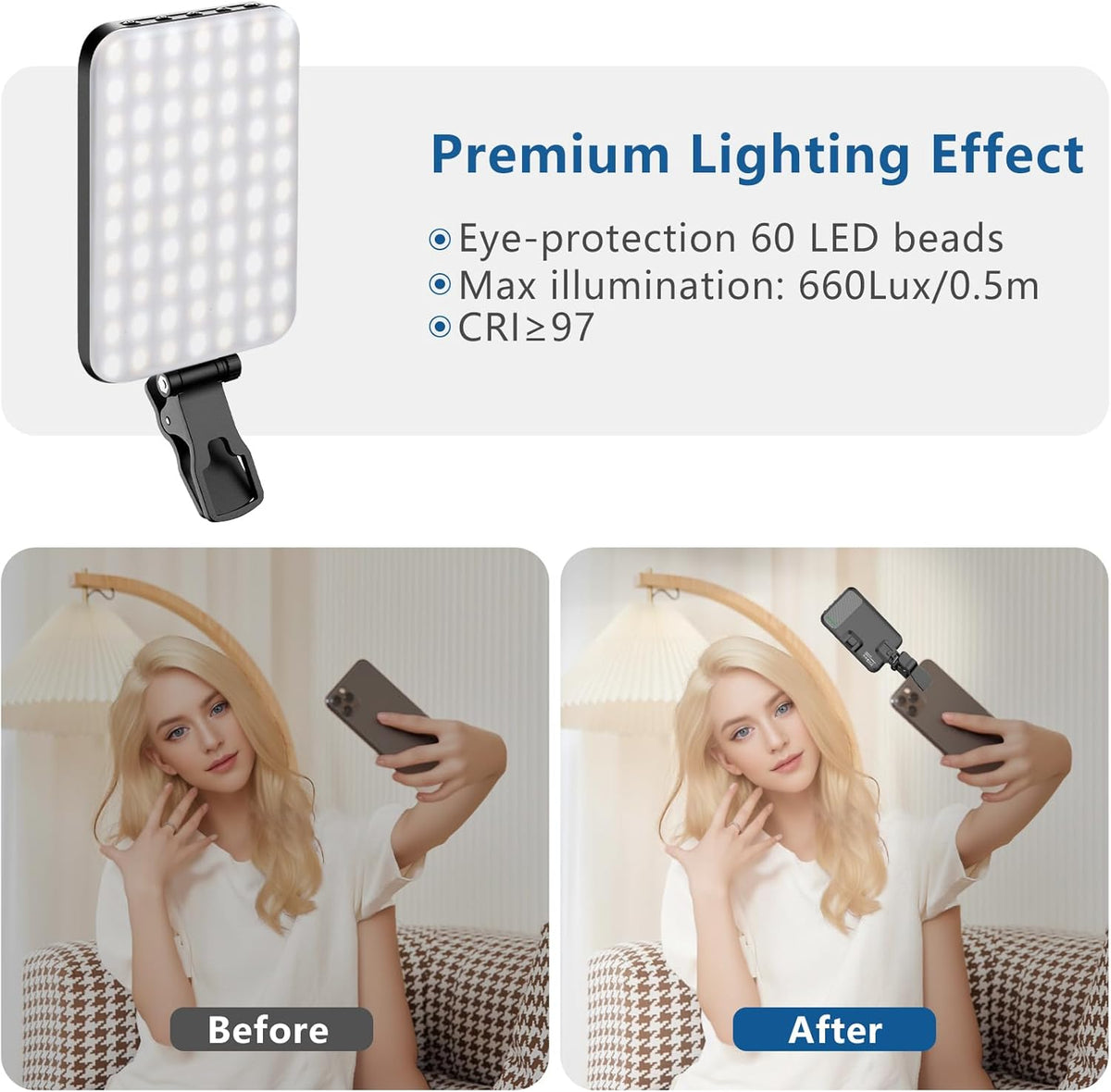 ALTSON 60 LED Portable Selfie Light Video Conference Lighting with Clip & Camera Tripod Adapter Rechargeable 2200mAh CRI 97