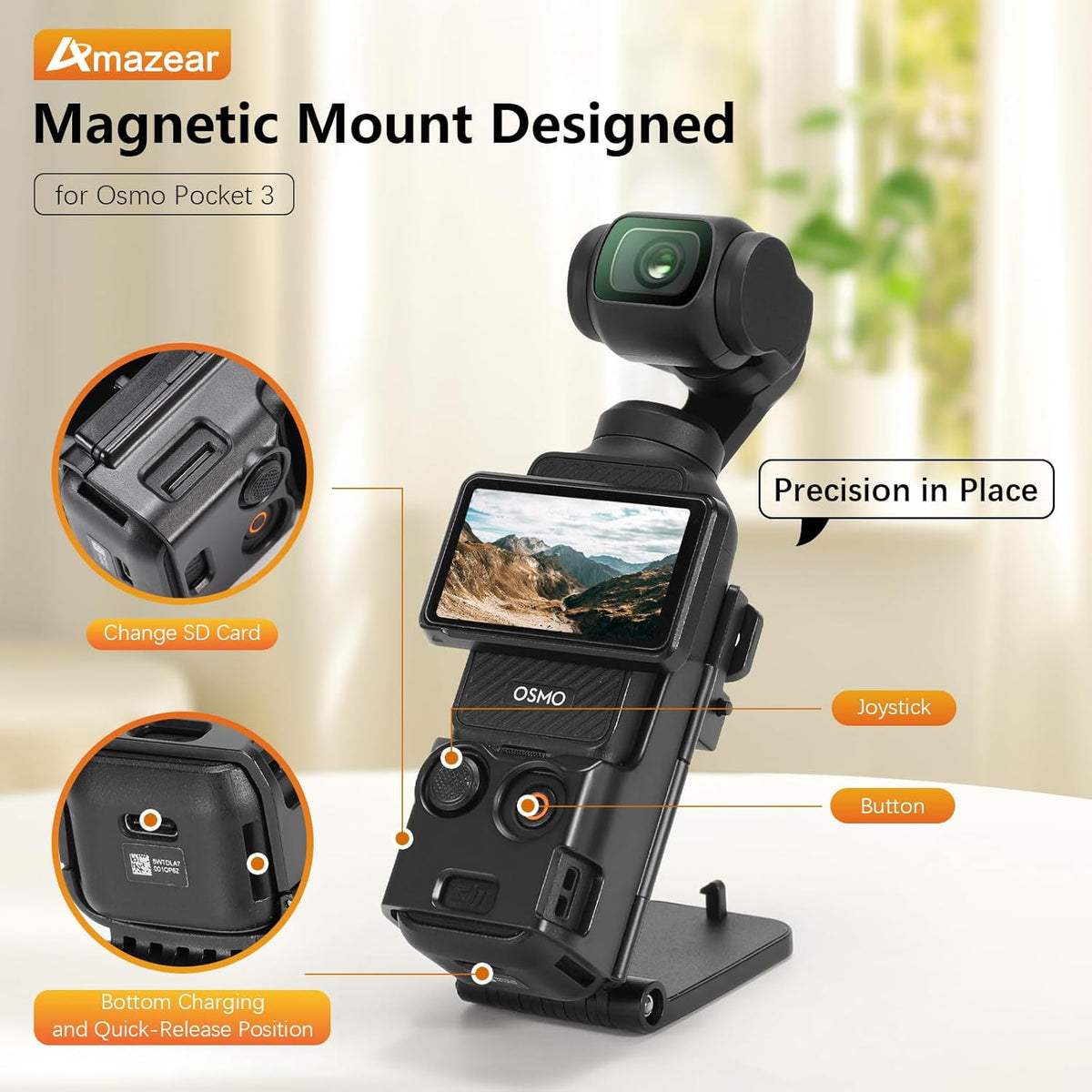 AMAZEAR Magnetic Mount Stand Compatible with DJI Osmo Pocket 3, Upgraded Pocket3 Accessories Adapter Clamp Magnet Suction Case Holder (Black)