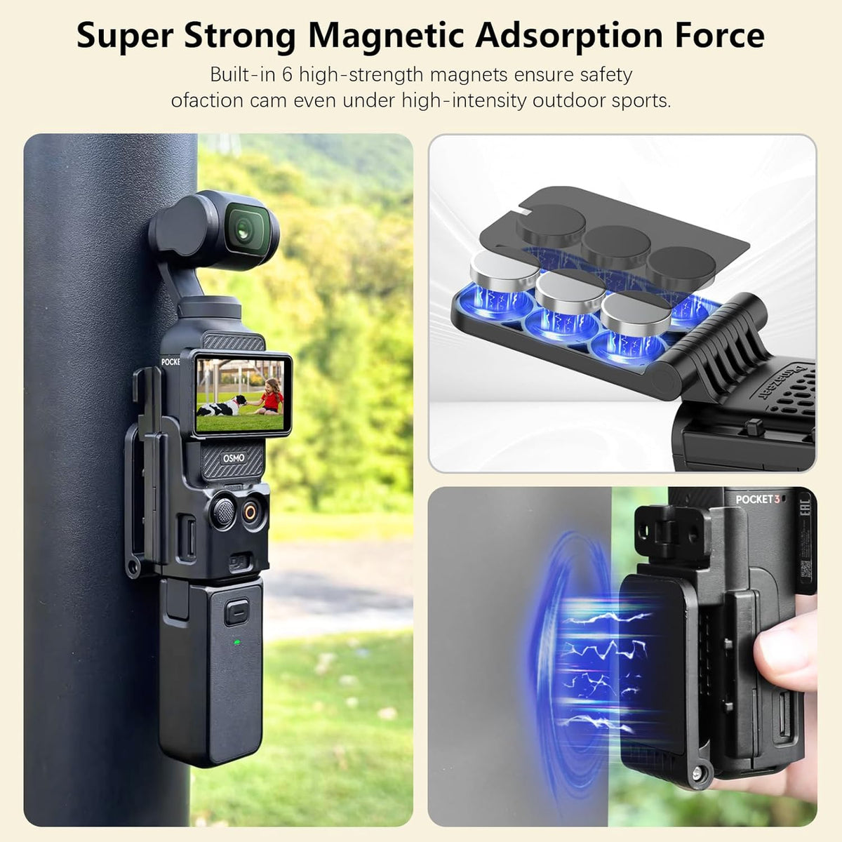 AMAZEAR Magnetic Mount Stand Compatible with DJI Osmo Pocket 3, Upgraded Pocket3 Accessories Adapter Clamp Magnet Suction Case Holder (Black)