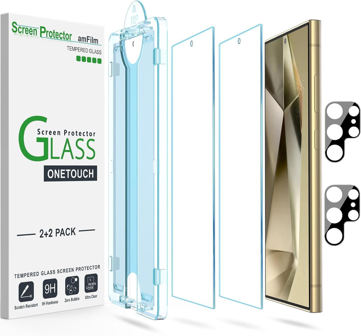 amFilm Auto-Alignment OneTouch for Samsung Galaxy S24 Ultra 6.8'' Screen Protector + Camera Lens Protector, Tempered Glass (2+2 Pack)