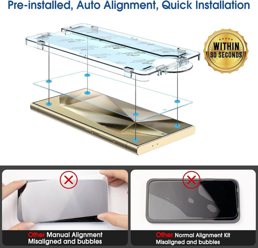 amFilm Auto-Alignment OneTouch for Samsung Galaxy S24 Ultra 6.8'' Screen Protector + Camera Lens Protector, Tempered Glass (2+2 Pack)