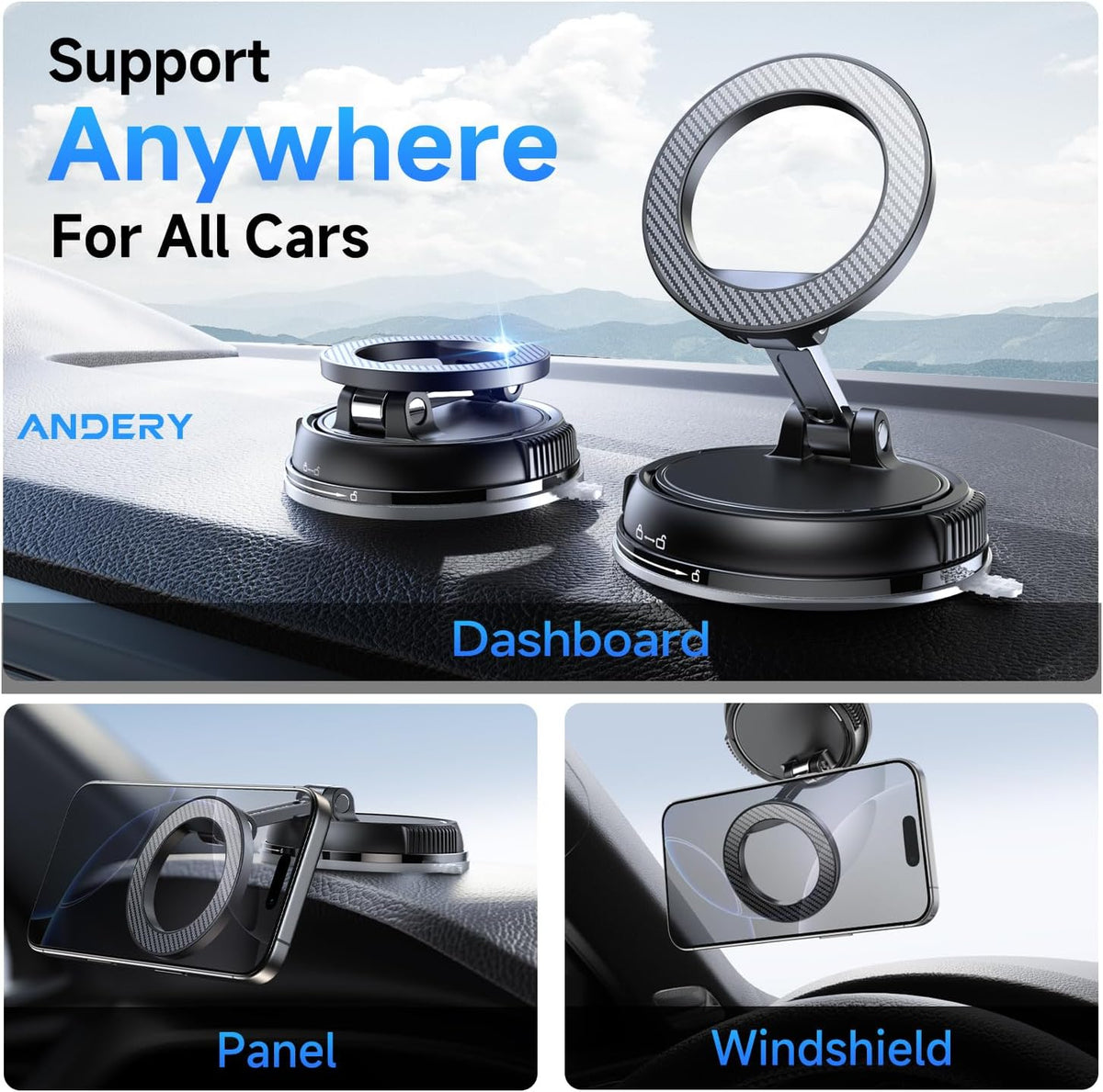 ANDERY Car Phone Holder for Magsafe, 78+LBS Suction & 2400gf Magnetic, 360° Adjustable Car Phone Mount, Phone Holders for Your Car