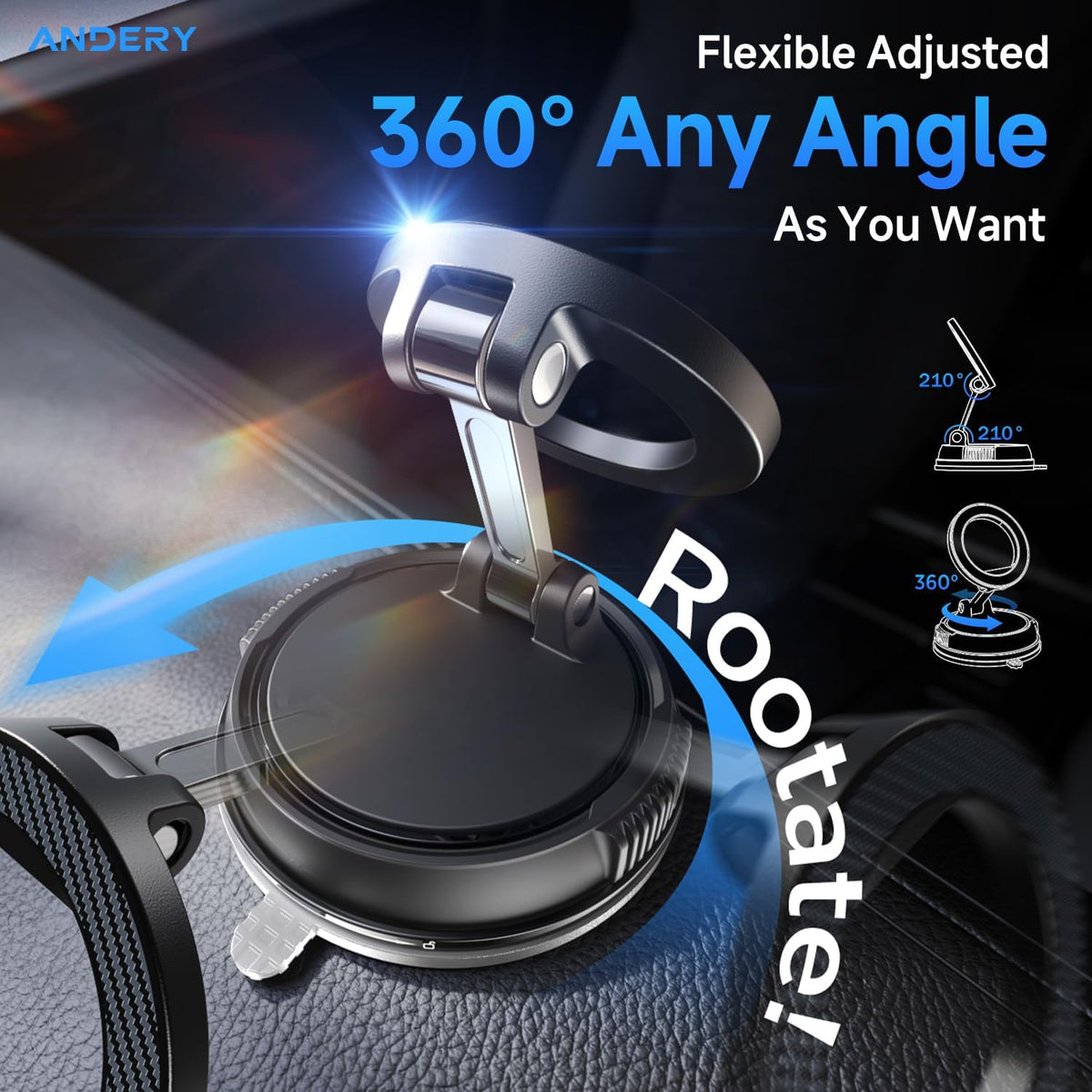 ANDERY Car Phone Holder for Magsafe, 78+LBS Suction & 2400gf Magnetic, 360° Adjustable Car Phone Mount, Phone Holders for Your Car