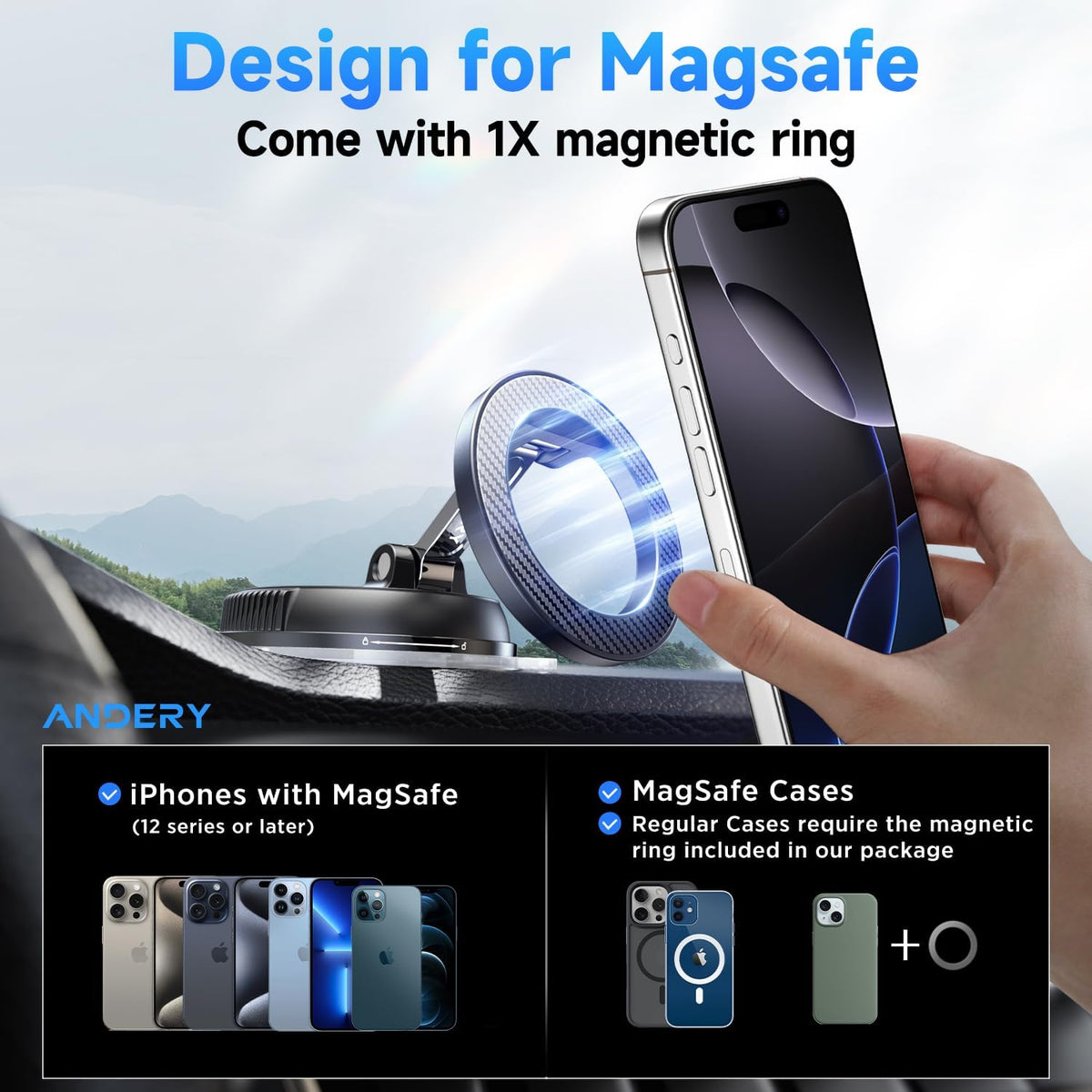 ANDERY Car Phone Holder for Magsafe, 78+LBS Suction & 2400gf Magnetic, 360° Adjustable Car Phone Mount, Phone Holders for Your Car