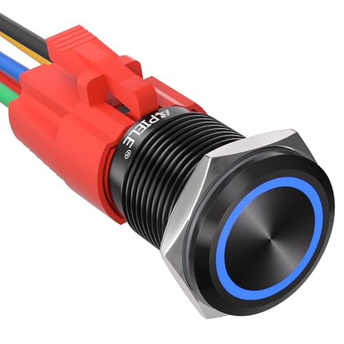 APIELE 16mm Latching Push Button Switch 12V DC On Off Black Shell with LED Angel Eye Head for 0.63" Mounting Hole (Blue/Black Shell)