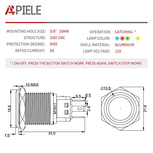 APIELE 16mm Latching Push Button Switch 12V DC On Off Black Shell with LED Angel Eye Head for 0.63" Mounting Hole (Blue/Black Shell)