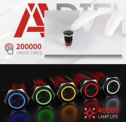 APIELE 16mm Latching Push Button Switch 12V DC On Off Black Shell with LED Angel Eye Head for 0.63" Mounting Hole (Blue/Black Shell)