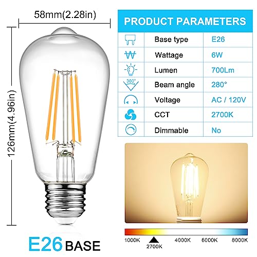 Ascher Vintage LED Edison Bulbs, 6W, Equivalent 60W, Non-Dimmable, High Brightness Warm White 2700K, ST58 Antique LED Filament Bulbs (Pack of 4)