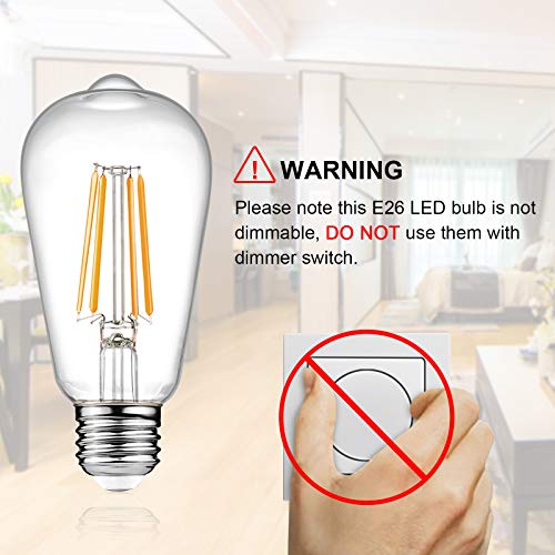 Ascher Vintage LED Edison Bulbs, 6W, Equivalent 60W, Non-Dimmable, High Brightness Warm White 2700K, ST58 Antique LED Filament Bulbs (Pack of 4)