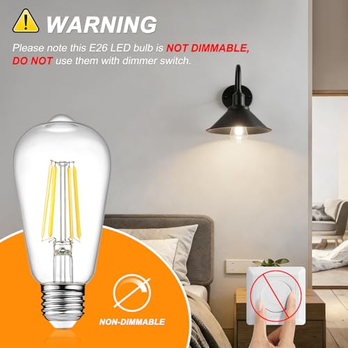 Ascher Vintage LED Edison Bulbs, 6W, Equivalent 60W, Non-Dimmable, High Brightness Cool White 4000K, ST58 Antique LED Filament Bulbs (Pack of 6)
