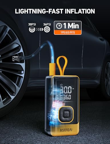 AstroAI L7 Air Tire Inflator Portable Air Compressor, 150PSI Electric Cordless Car Pump with Fast 1-min Inflation, Auto Shutoff, LED Light (Yellow)