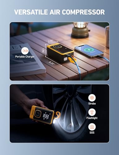 AstroAI L7 Air Tire Inflator Portable Air Compressor, 150PSI Electric Cordless Car Pump with Fast 1-min Inflation, Auto Shutoff, LED Light (Yellow)