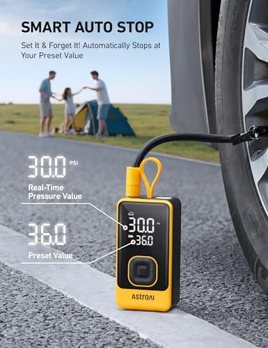 AstroAI L7 Air Tire Inflator Portable Air Compressor, 150PSI Electric Cordless Car Pump with Fast 1-min Inflation, Auto Shutoff, LED Light (Yellow)