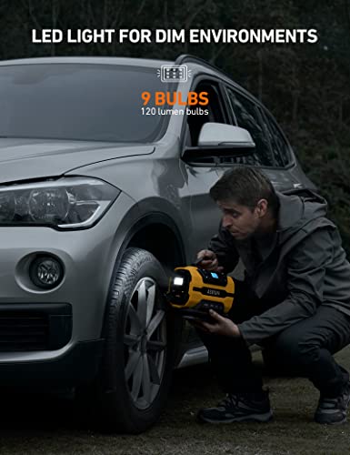 AstroAI Tire Inflator Portable Air Compressor Pump 150PSI 12V DC/110V AC with Dual Metal Motors&LED Light (Yellow)