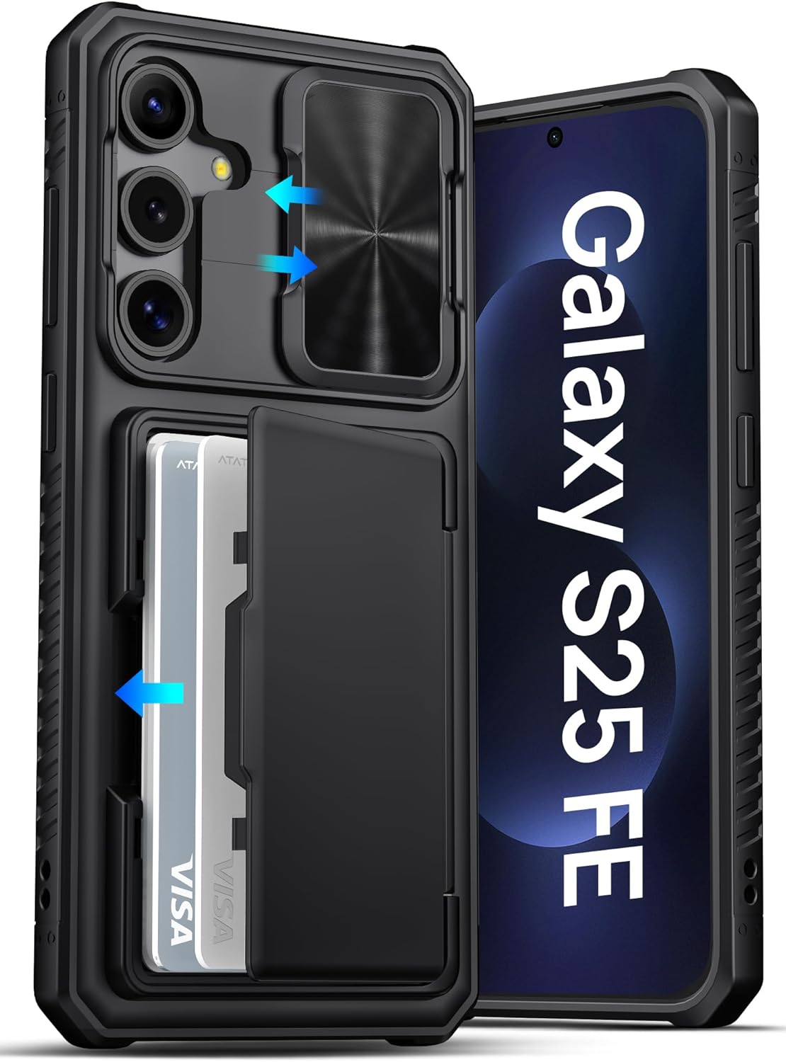ATATOO for Samsung Galaxy S25 FE Case Wallet, Built-in Card Holder (3-5 Cards), RFID Blocking, & Slide Camera Cover, Drop Protection (Black)