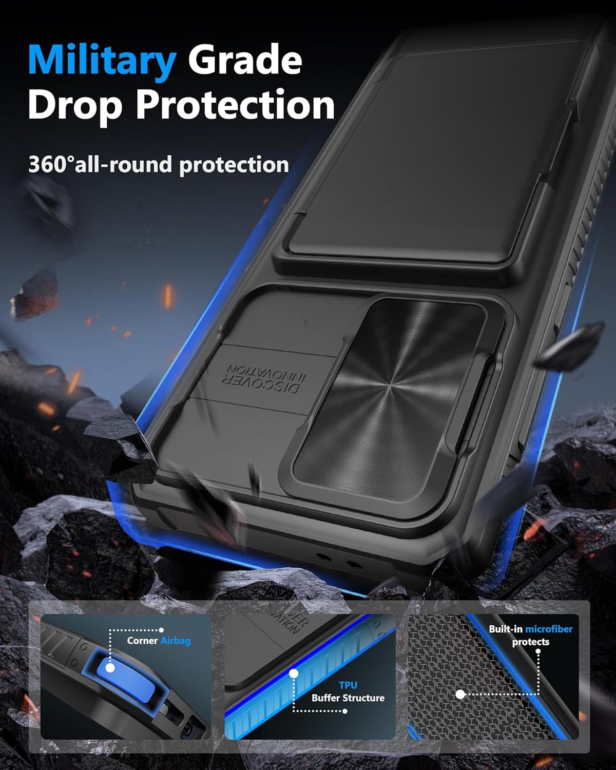 ATATOO for Samsung Galaxy S25 FE Case Wallet, Built-in Card Holder (3-5 Cards), RFID Blocking, & Slide Camera Cover, Drop Protection (Black)