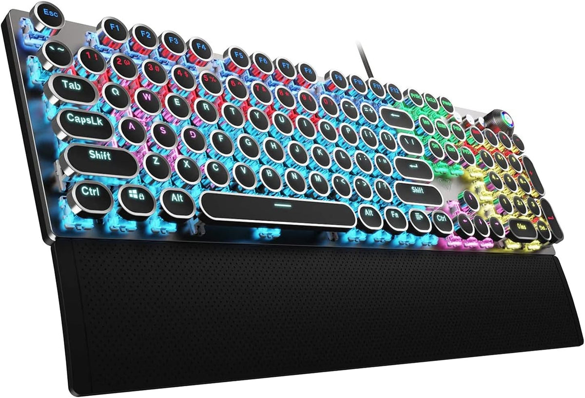 AULA F2088 Typewriter Style Mechanical Gaming Keyboard Wired, Blue Switches, Rainbow LED Backlit, Removable Wrist Rest, Media Control Knob