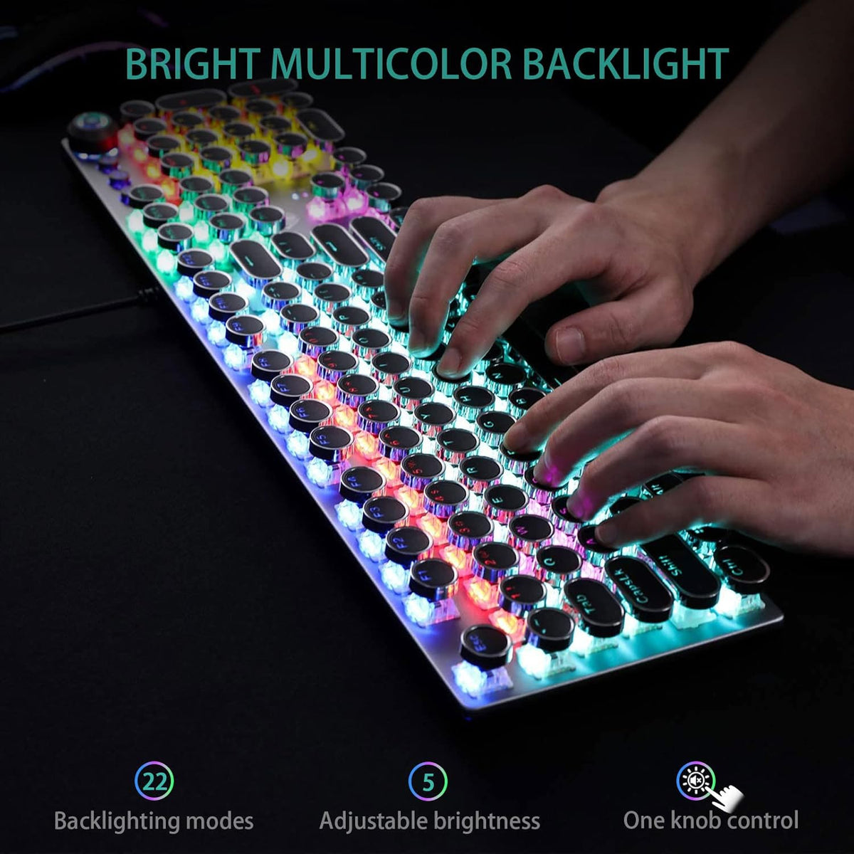 AULA F2088 Typewriter Style Mechanical Gaming Keyboard Wired, Blue Switches, Rainbow LED Backlit, Removable Wrist Rest, Media Control Knob