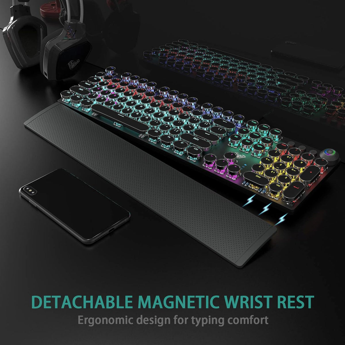 AULA F2088 Typewriter Style Mechanical Gaming Keyboard Wired, Blue Switches, Rainbow LED Backlit, Removable Wrist Rest, Media Control Knob