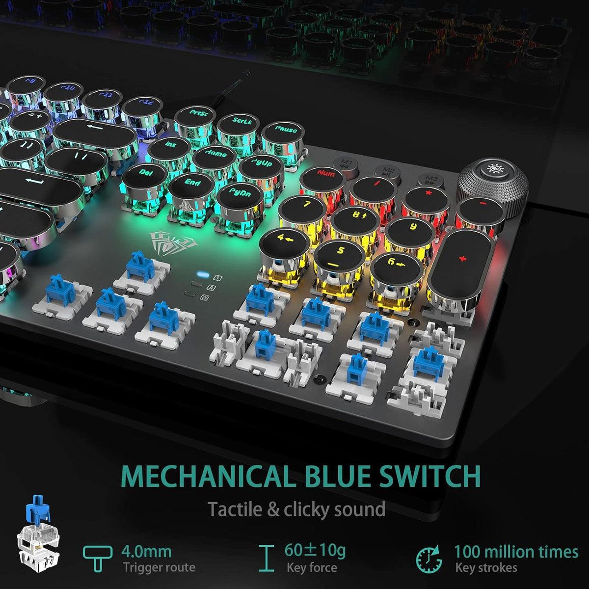AULA F2088 Typewriter Style Mechanical Gaming Keyboard Wired, Blue Switches, Rainbow LED Backlit, Removable Wrist Rest, Media Control Knob