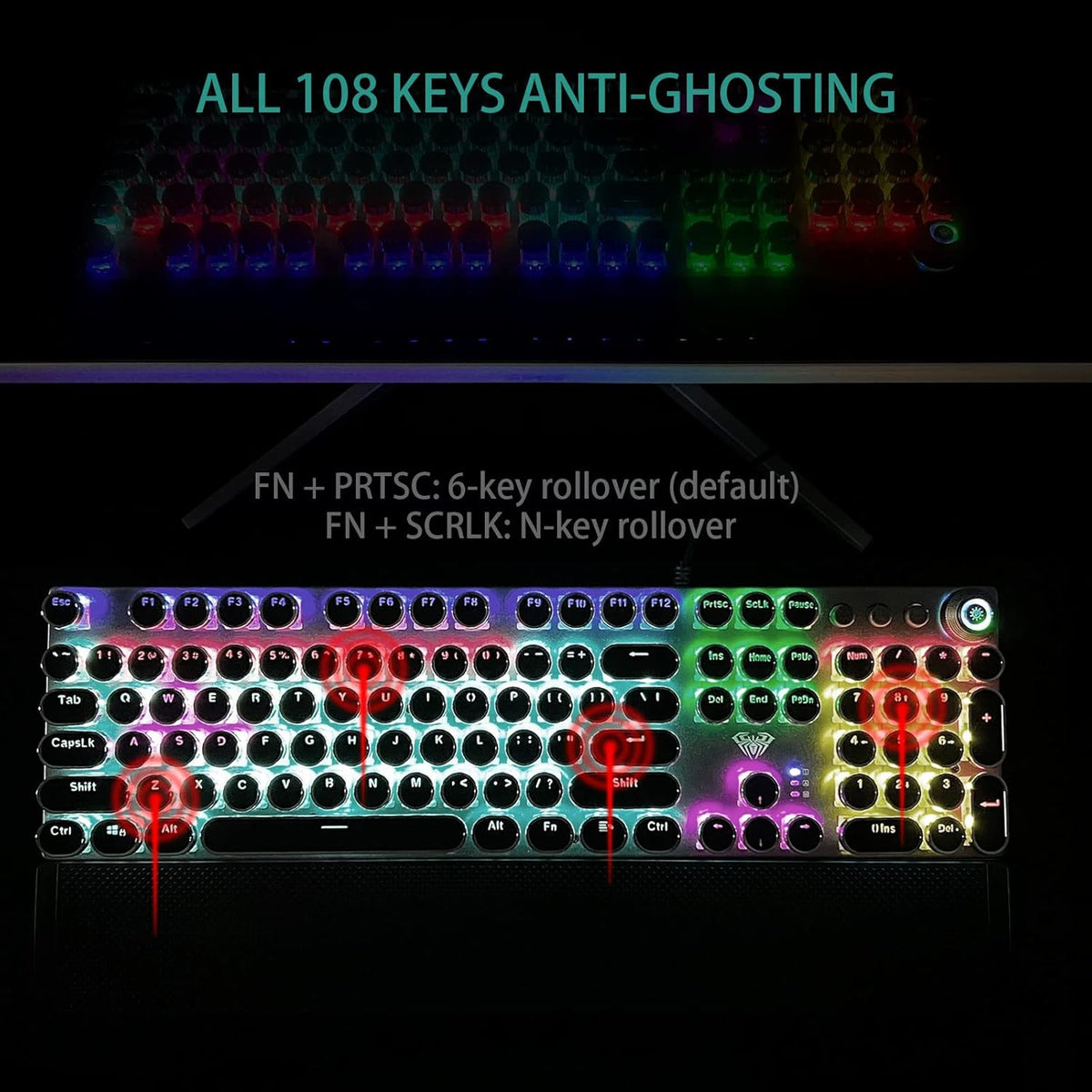 AULA F2088 Typewriter Style Mechanical Gaming Keyboard Wired, Blue Switches, Rainbow LED Backlit, Removable Wrist Rest, Media Control Knob