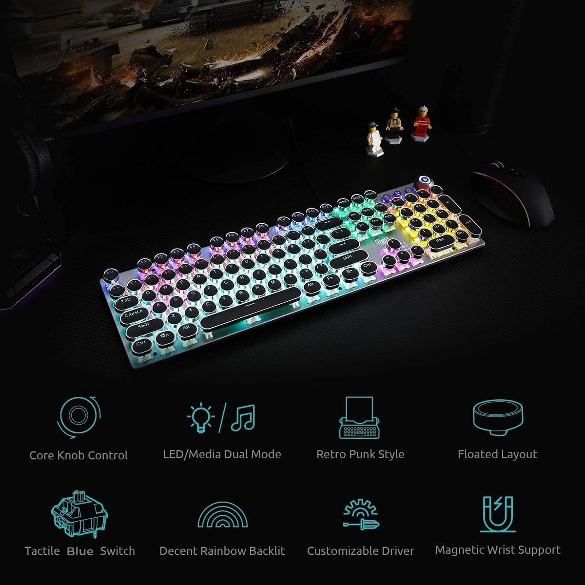 AULA F2088 Typewriter Style Mechanical Gaming Keyboard Wired, Blue Switches, Rainbow LED Backlit, Removable Wrist Rest, Media Control Knob