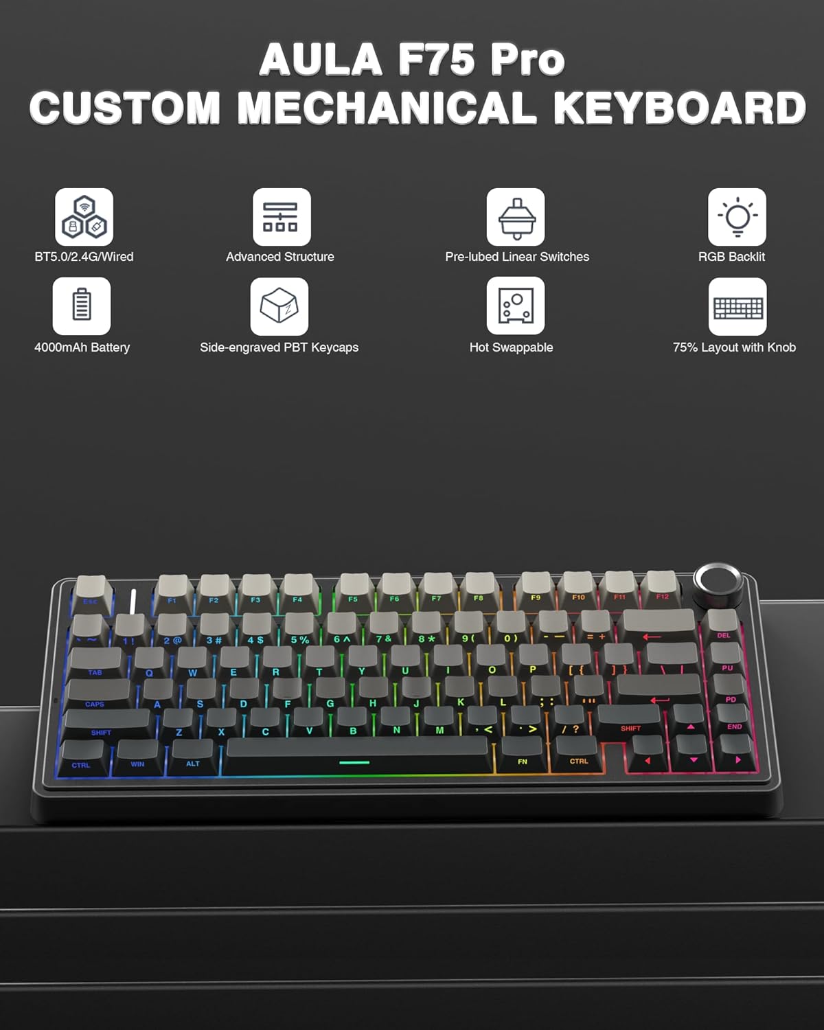 AULA F75 Pro Wireless Mechanical Keyboard, 75% Hot Swappable Custom Keyboard with Knob, RGB Backlit, Pre-lubed Reaper Switches