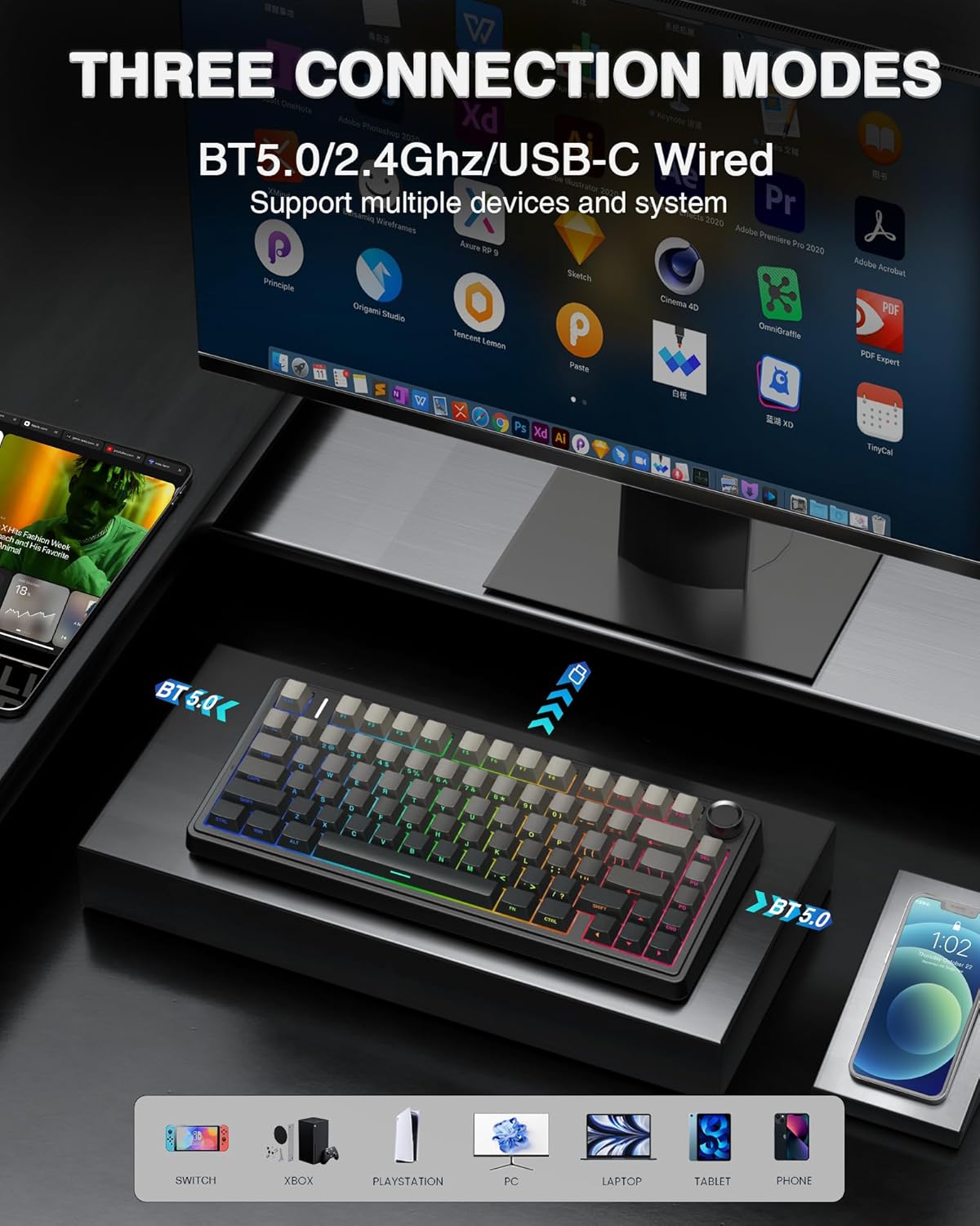 AULA F75 Pro Wireless Mechanical Keyboard, 75% Hot Swappable Custom Keyboard with Knob, RGB Backlit, Pre-lubed Reaper Switches
