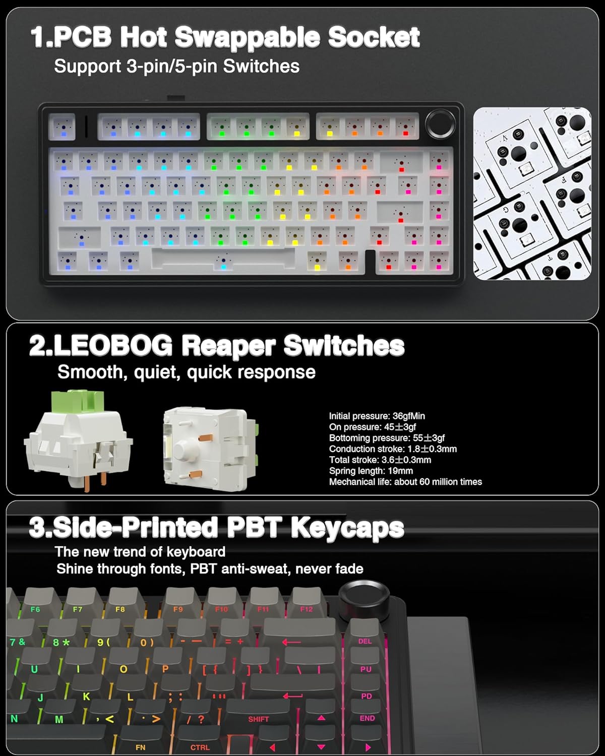 AULA F75 Pro Wireless Mechanical Keyboard, 75% Hot Swappable Custom Keyboard with Knob, RGB Backlit, Pre-lubed Reaper Switches