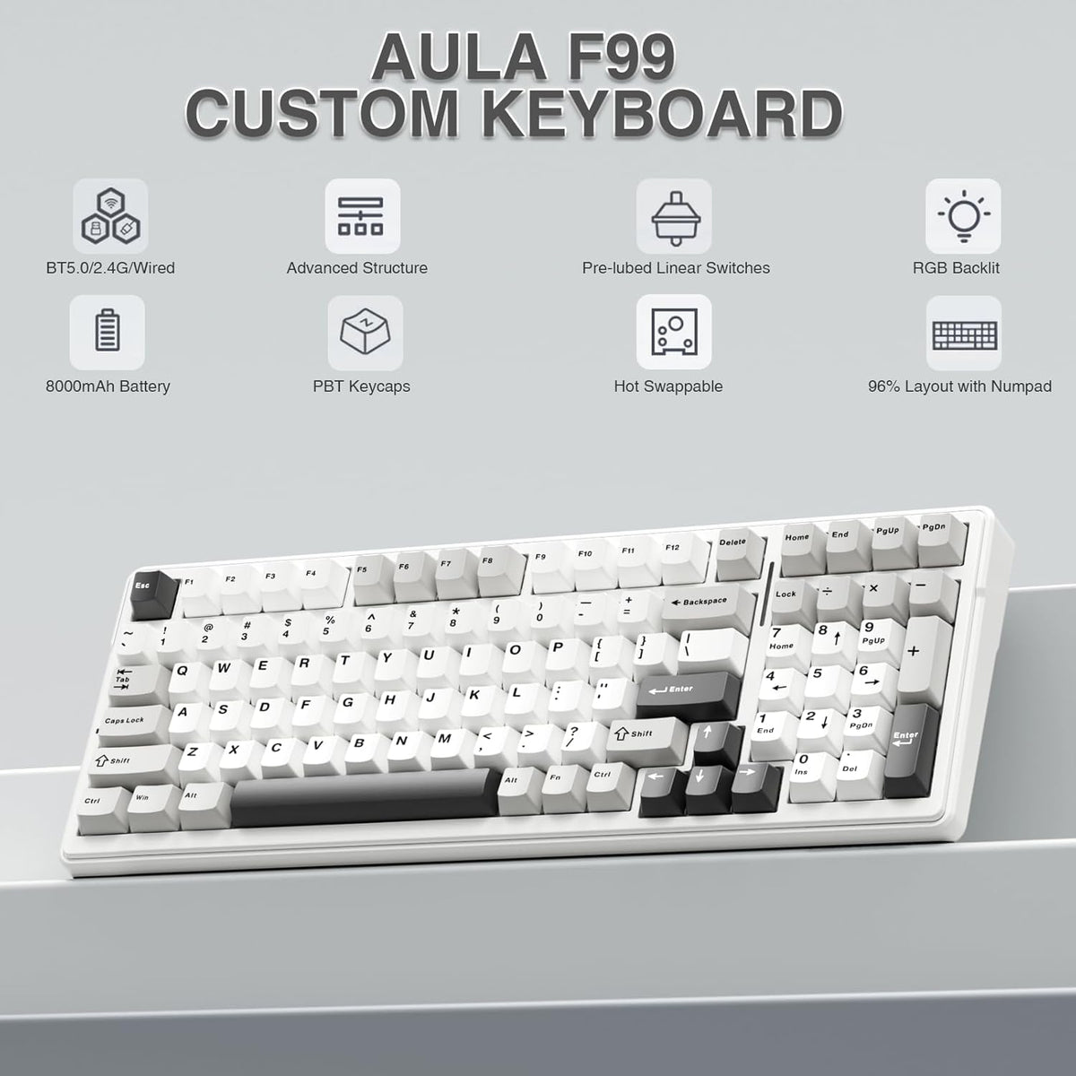 AULA F99 Wireless Mechanical Keyboard, Tri-Mode BT5.0/2.4GHz/USB-C Hot Swappable Custom Keyboard, Pre-lubed Linear Switches