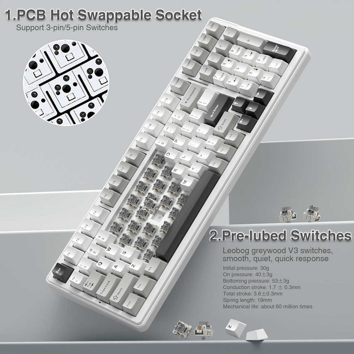 AULA F99 Wireless Mechanical Keyboard, Tri-Mode BT5.0/2.4GHz/USB-C Hot Swappable Custom Keyboard, Pre-lubed Linear Switches