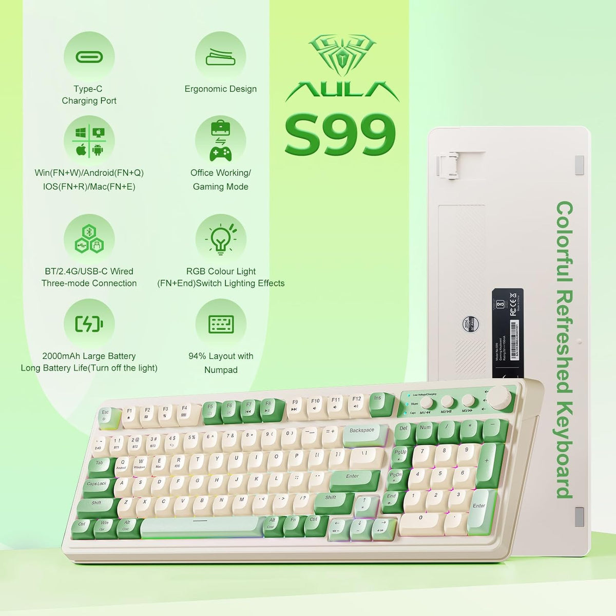 AULA S99 Gaming Keyboard, Wireless Computer Keyboards, Tri-Mode Bluetooth/2.4GHz/USB-C Custom Creamy Keyboard with Number Pad (Green)