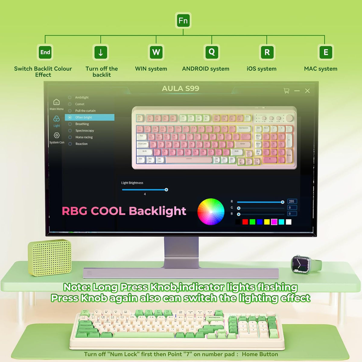 AULA S99 Gaming Keyboard, Wireless Computer Keyboards, Tri-Mode Bluetooth/2.4GHz/USB-C Custom Creamy Keyboard with Number Pad (Green)
