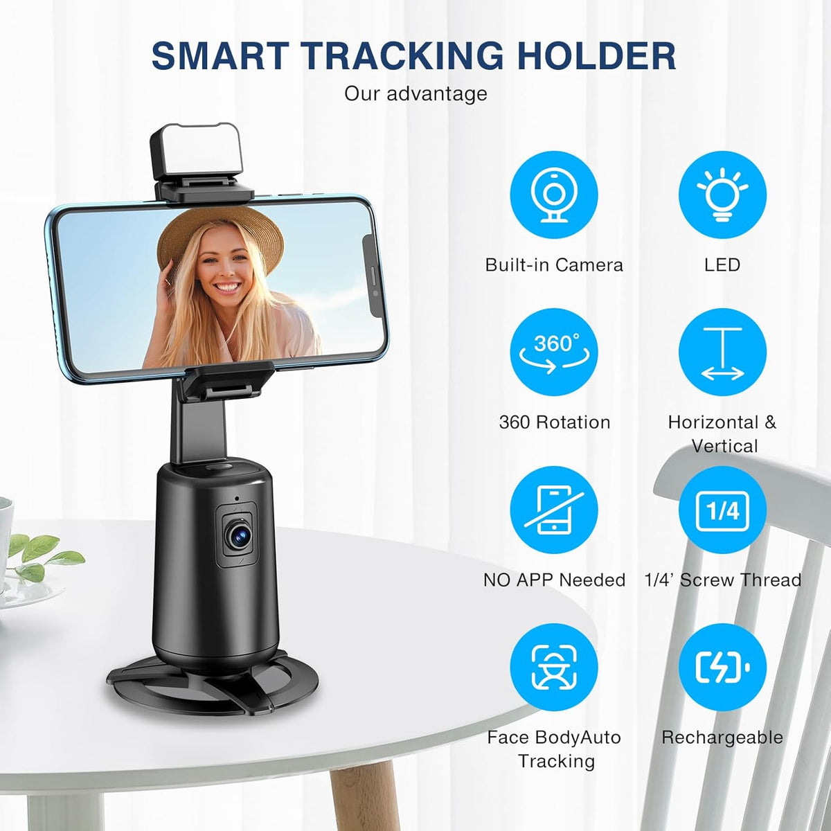Auto Face Tracking Tripod 360° Rotating Cell Phone Photo and Video Kits Stand, No App, Camera Stand with Remote and Gesture Control