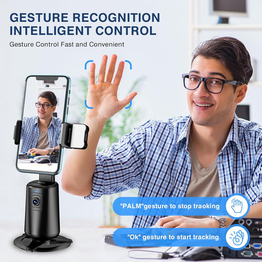 Auto Face Tracking Tripod 360° Rotating Cell Phone Photo and Video Kits Stand, No App, Camera Stand with Remote and Gesture Control