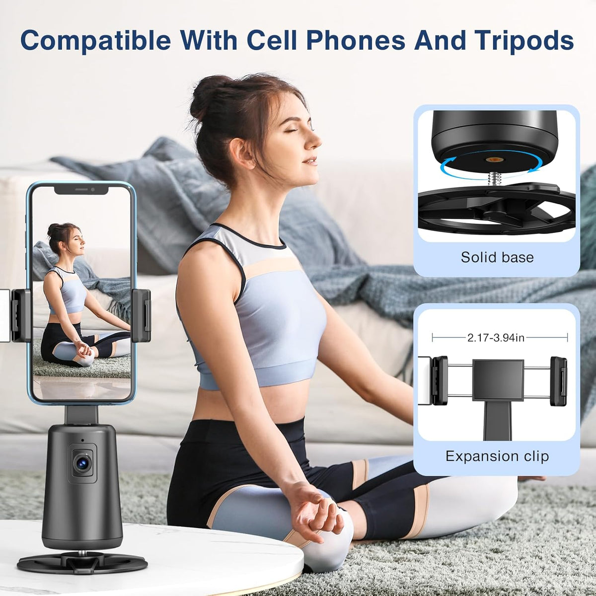 Auto Face Tracking Tripod 360° Rotating Cell Phone Photo and Video Kits Stand, No App, Camera Stand with Remote and Gesture Control