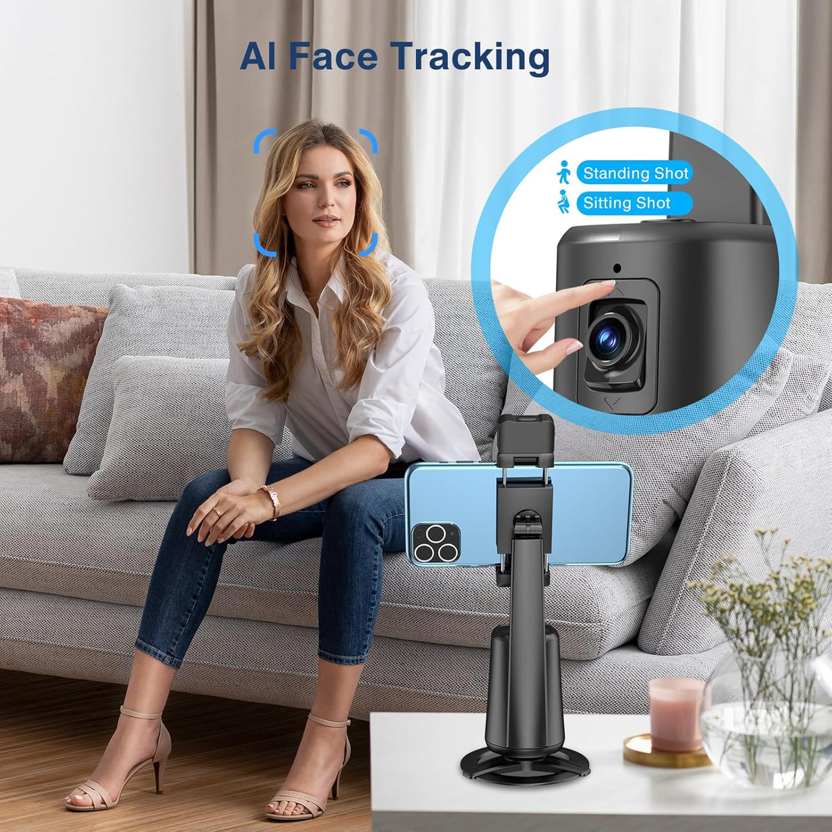 Auto Face Tracking Tripod 360° Rotating Cell Phone Photo and Video Kits Stand, No App, Camera Stand with Remote and Gesture Control